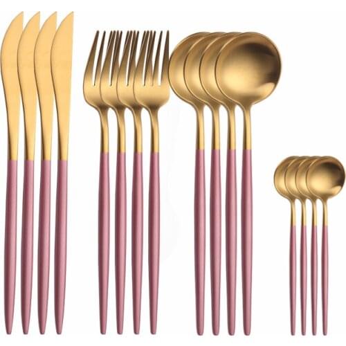 Pink Gold Cutlery Set 16Pcs Knives Forks Spoons Flatware Set Kitchen Dinner Tableware Set Western Stainless Steel Dinnerware
