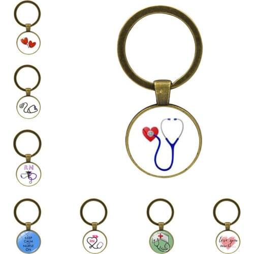 New Fashion Creative Nurse Medical Syringe Stethoscope Image Keychain Glass Cabochon and Glass Dome Key Ring Pendant Gift