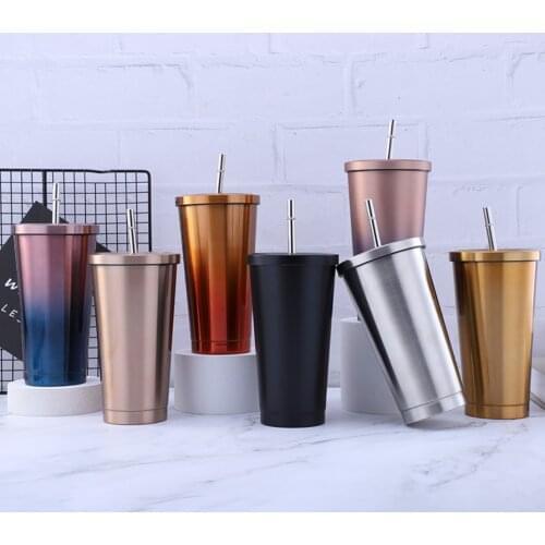 New Hot Sales Matt finish 500ML 304 Stainless Steel Straw Cup Large Capacity Vacuum Solid Color Coffee Mug Tumbler Cup