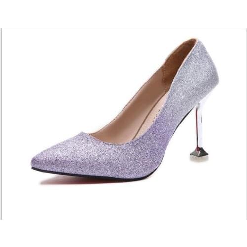 New Summer Women OL high heels Fashion sequined high heels pointed toe Stiletto with Autumn Round Classic Shoes Large size