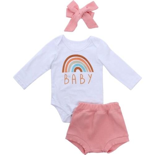 New Babies 3PCS Rainbow Outfit Set Autumn Clothing Newborn Baby Boy Girl Spring Rainbow Long Sleeve Romper Shorts Pants Hairband