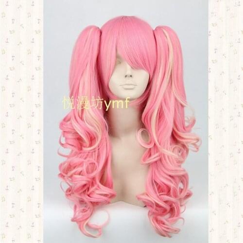 Lolita Wigs 65cm Wavy Pink Mix Blonde Long Synthetic Costume Wigs Halloween Womens Cosplay Wigs + Wig Cap
