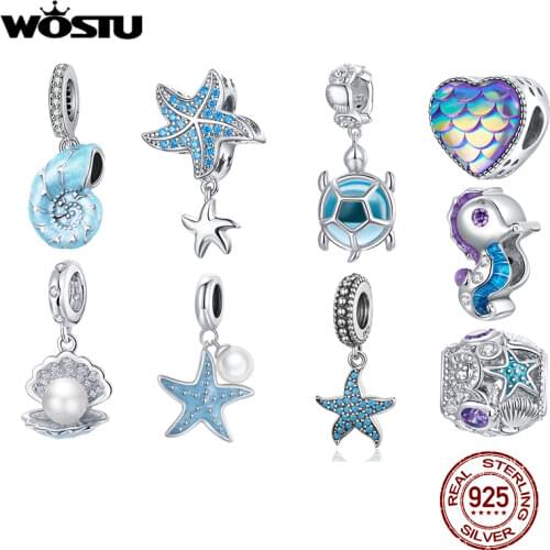 WOSTU 925 Sterling Silver Charm Sea Elves Series Bead Animal Turtle Starfish Pendant Fit Original Bracelet Necklace DIY Jewelry