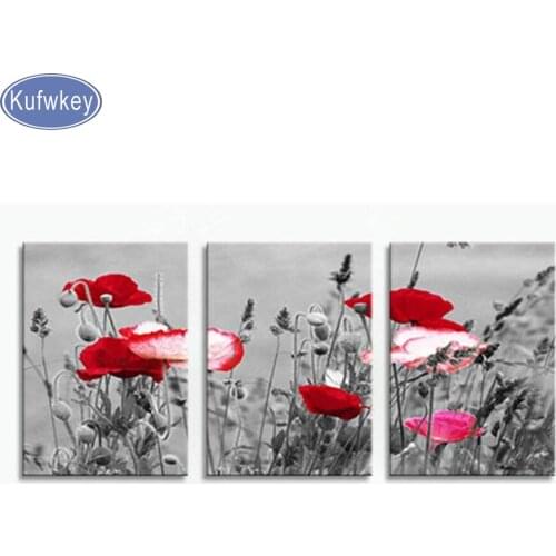 Full square Diamond Embroidery,Black and White Red Flower,Diamond Painting 3pcs,Cross Stitch kits,3D,Diamond Mosaic,Decoration