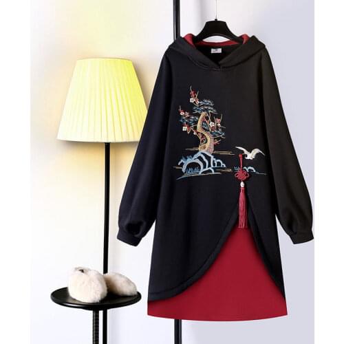 Plus Size Streetwear Chinese Style Womens Thick Sweatshirt Dress Women Autumn Mid-length Traditional Hanfu Cheongsam Hoodies