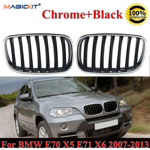 MagicKit 2x For BMW X5 X6 E70 E71 2007-2013 Chrome+Black Front Grilles Grills Kidney Hood