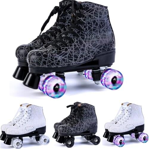 3D Printing Artificial Flash Roller Skate Shoes Woman Man Quad Adult Double Row Pulley Shoes Patines 4-Wheel PU Children Skating