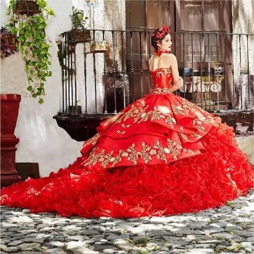 Red Ball Gown Quinceanera Dresses 2021 Sweetheart Beaded Cascading Ruffles Gold Beads Sweet 16 Dress quinceanera robes