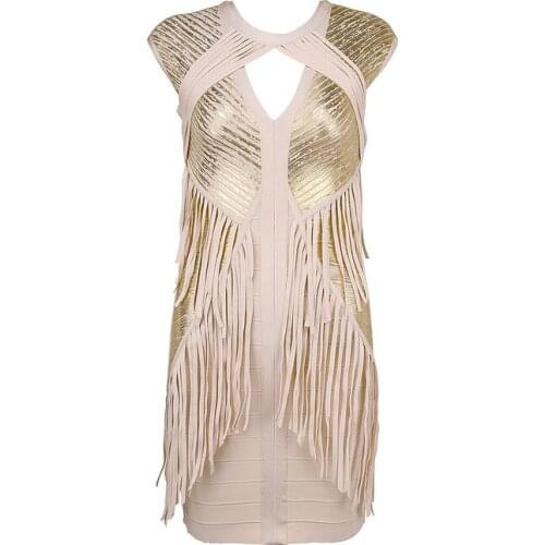 Sexy Fashion HL Tassel Bandage Dress New Arrival 2017 Ladies Designer Bodycon Gold Beige Bandage Dress
