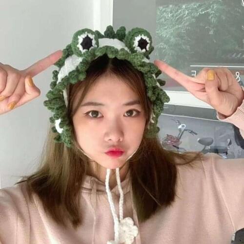 Fashion Frog Headband Hat Cute Crochet Knitted Headband Outdoors Big Eye Frog Cap Earflap Ear Protective Warm Winter Hats