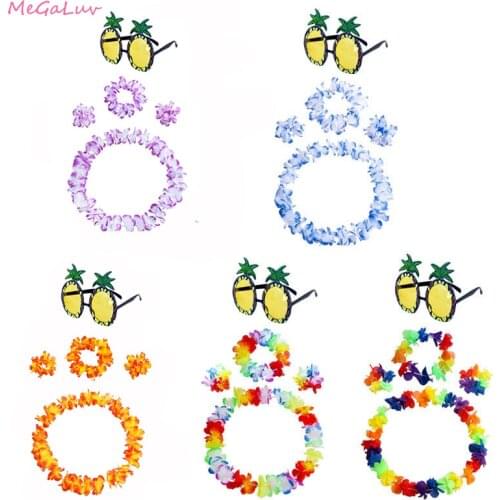 5Pcs Hawaiian Party Leis Garland And Pineapple Sunglasses Artificial Tropical Flower Wreath Hawaii Luau Party Event Decoration