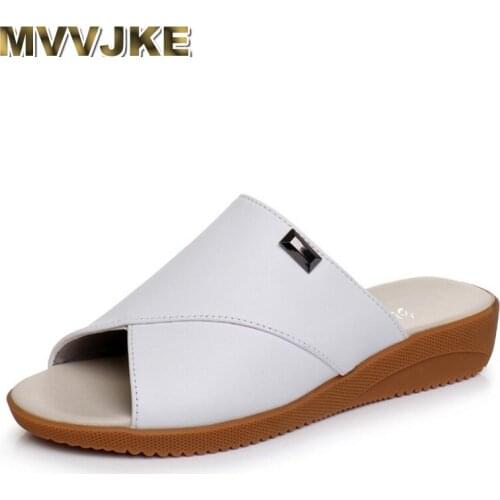 MVVJKE Women Slipper Flat Sandals Geunine Leather Peep Toe Woman Sandals Ladies Mules Clogs Summer Shoes Big Size 34-43