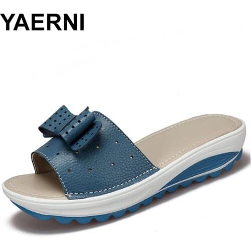 YAERNI 2019 Womens Sandals Genuine Leather Women Flats Shoes Platform Wedges Female Slides Beach Flip Flops Summer Shoe Lady