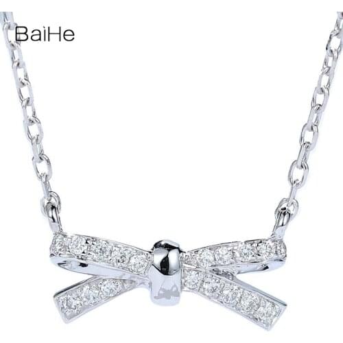 BAIHE Solid 18K White/Yellow/Rose Gold 0.08ct H/SI Round Natural Diamond necklace Women fine Jewelry beautiful bowknot necklace