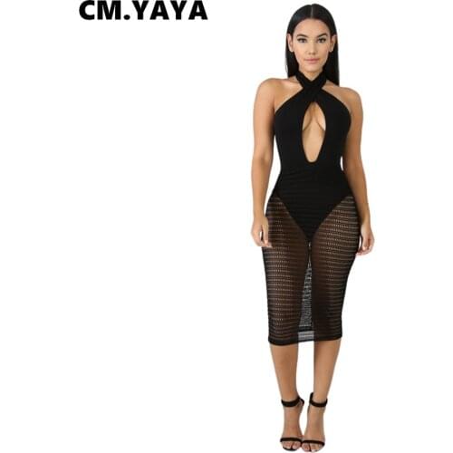 CM.YAYA Women Midi Dress Mesh Patchwork Sleeveless Halter Backless Cut Out Stretchy Bodycon Dresses Sexy Fashion Outfit Summer