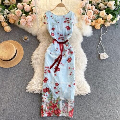 Women New Fashion Round-neck Short-sleeved High Waist Thin Retro Embroidered Elegant Dress Clothes Vestido De Mujer R275