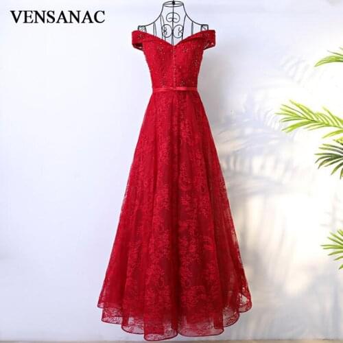 VENSANAC 2018 Crystal V Neck Button A Line Long Evening Dresses Vintage Lace Embroidery Party Bow Sash Prom Gowns