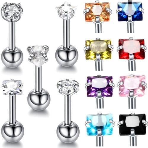 1PC/lot CZ Stud Ear Piercing Hear Star 16G Steel Cartilage Earrings Conch Tragus Stud Helix Cartilage Piercing Oreja Jewelry