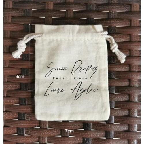 Customised Logo 100pcs 7x9cm 130g Natural Cotton Bags Drawstring Jewelry Pouches Printed With Black Logo