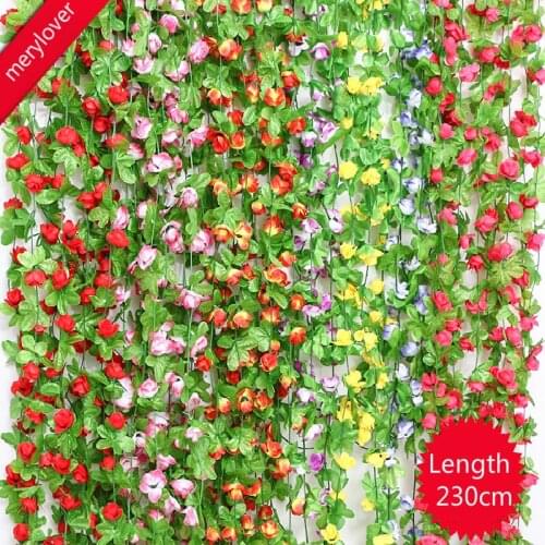230cm Silk Roses Flower Ivy Vine Artificial Flowers with Green Leaves for Home Wedding Decoration Hanging Garland Home Decor