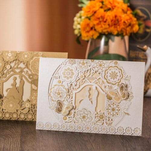 50pcs/lot Laser Cut Bride and Groom Gold Wedding Invitation Cards Hollow Printable Marriage Invites Bridal Shower Party Supply
