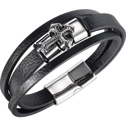 Cyue European Men Punk Black Multi-layer Leather Cross Charm Bracelet Stainless Steel Button Wristband Jewelry ZYLB0206