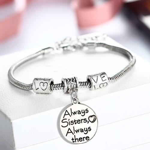 Always Sisters Always There Love Heart Charm Bracelet Women Friendship Gift Jewelry Soul Sister Friend BFF Bangle Bracelet