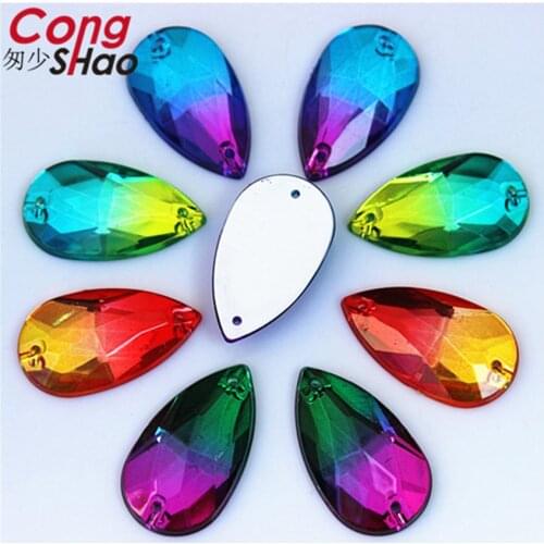Cong Shao 50pcs 16*28mm Dual color Drop stones and crystals Acrylic rhinestone trim flatback sewing 2 Hole costume Button CS27