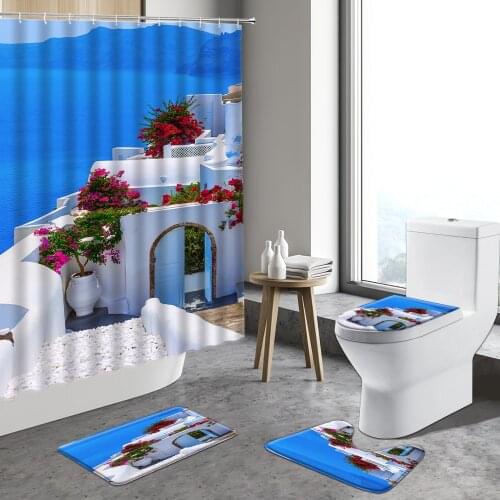 Greek Mediterranean Style Shower Curtain Sea View Flower Architecture Santorini Island Landscape Bathroom Decor Sets Bath Mats