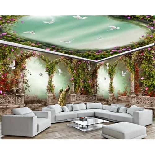 Customized Wallpaper For Walls Home Decoration Dream Arch Roman Column Rural Flower Peacock Whole House Background Wall Painting
