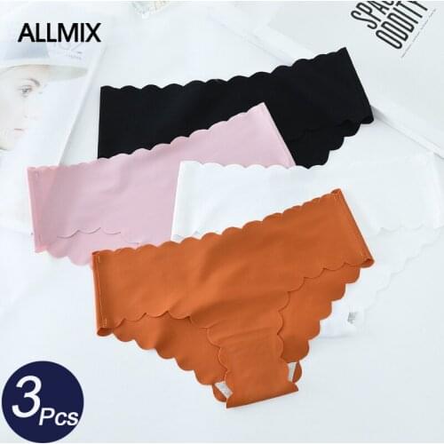 ALLMIX 3Pcs/lot Sexy Womens Plain Color Panties Set Seamless Silk Briefs Low Waist Female Ruffle Panty Comfort Lady Lingerie