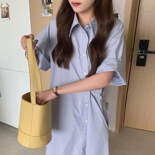 Korea Chic Simple and Versatile Lapel Side Single-Breasted Loose Casual Small Mid-Length Shirt Dress