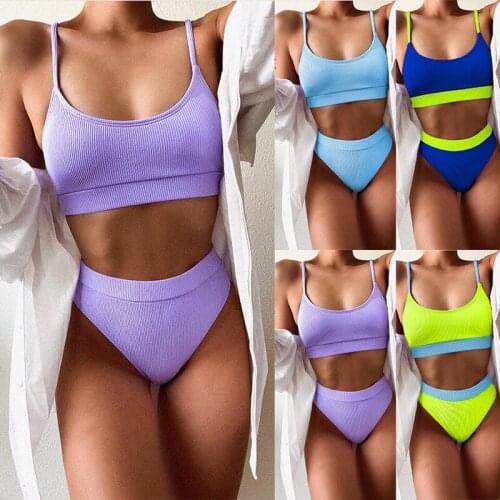 High Waist Swimwear New Solid Color Bikinis 2 Piece Sets Womens Push-Up Swimsuit Vintage Bathing Suit Biquini Beachwear Set