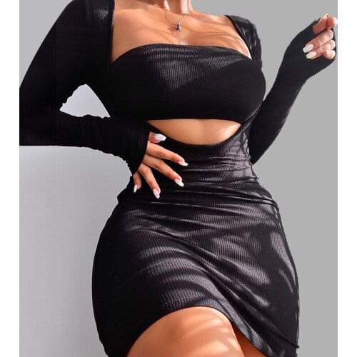 Laertes 2021 Autumn Bandage Dresses Women Long Sleeve Y2K Hollow Out Sexy Fashion Casual Mini Party Dress Brown Black Vestidos