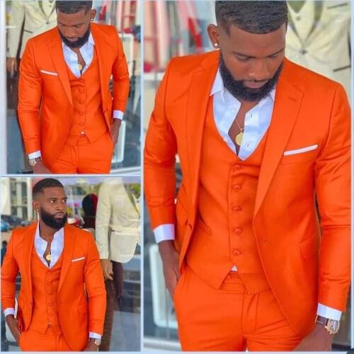 Bright Orange Notch Lapel Men Suits Costume Homme Wedding Dress Tuxedos Terno Masculino Slim Fit Groom Prom Party Blazer 3 Pcs