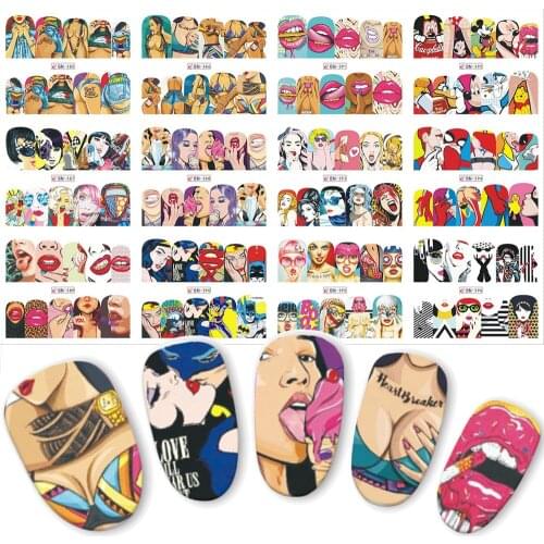 12 sets nail sticker Pop water transfer nails decals beauty decor nail slider cool girl lips manicure art BN385-396