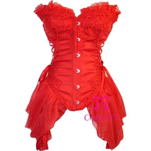 2014 New Arrive S-XXL Gothic Red Satin Lace Ruffle Tops Bustier Burlesque Overbust Corset Dresses Sexy Corselet For Party Wear
