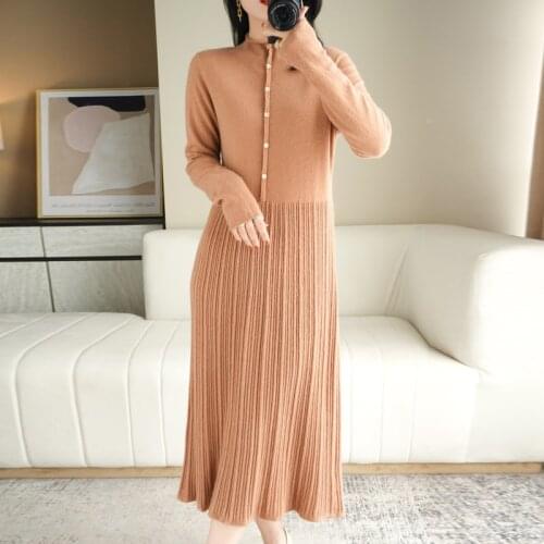 Autumn Winter Mid-length Over-The-Knee Wool Sweater Dress Womens Round Neck Pullover Long Slim Knit Bottoming A-Line Skirt XXL