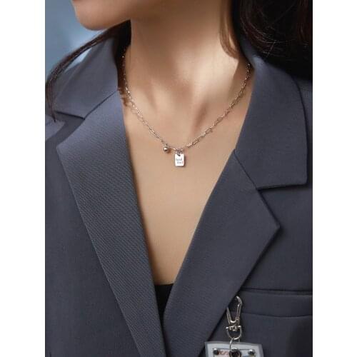 925 sterling silver necklace lucky square brand English lettering round bead pendant punk clavicle chain female sweater chain