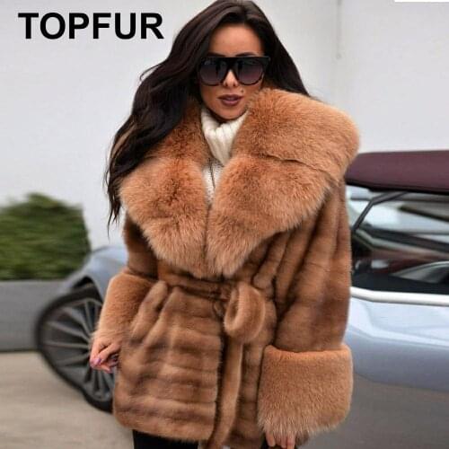 TOPFUR Winter Lapel Collar Real Fur Coat Women Natural Mink Fur Medium Coats With Belt Full Sleeves Coats With Fox Fur Hood