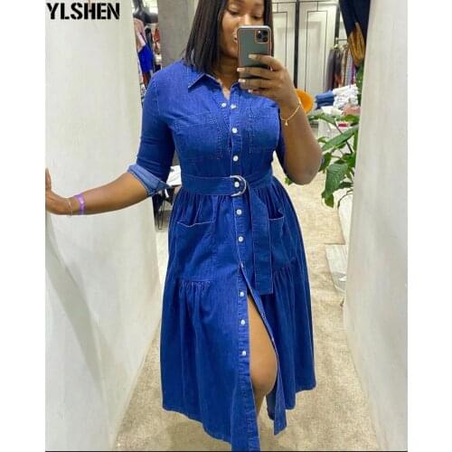 Denim Long Sleeve Dress Party African Dresses for Women Casual Clothes Dashiki Belt Robe Africaine Femme 2021 Plus Size Clothing