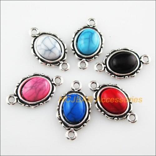 24 New Oval Mixed Charms Connectors Stone Tibetan Silver Pendant 12x21mm