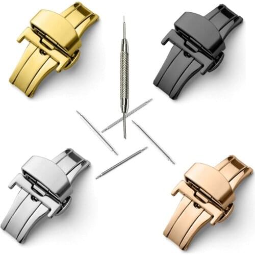 T02 316L Semi Automatic Double Click Butterfly Buckle Watch Push Button Fold Deployment Clasp Silver Watchband Strap 12-24mm