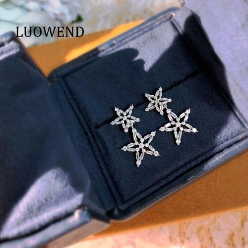 LUOWEND Real 18K White Gold Earrings Classic Female Diamond Earring Engagement Drop Earrings Party Jewelry Star Shape Design