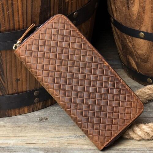 Vintage Knitting Natural Crazy Horse Genuine Leather Long Zip Men Wallet
