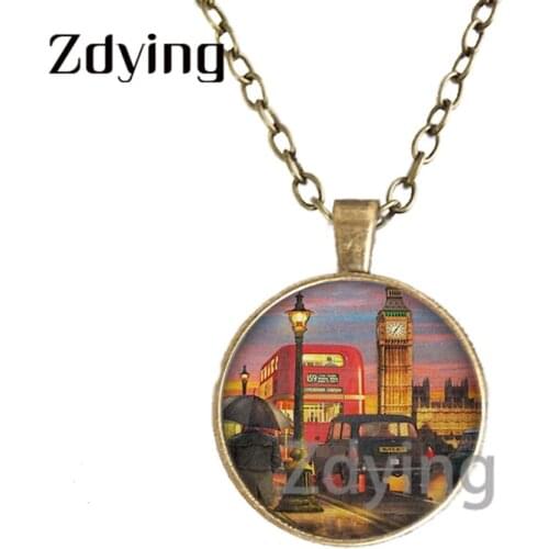 Zdying Vintage Paris Venice London Scenery Necklaces Round Glass Cabochon Pendant Necklace Sweater Long Chain Jewelry Gift SP053