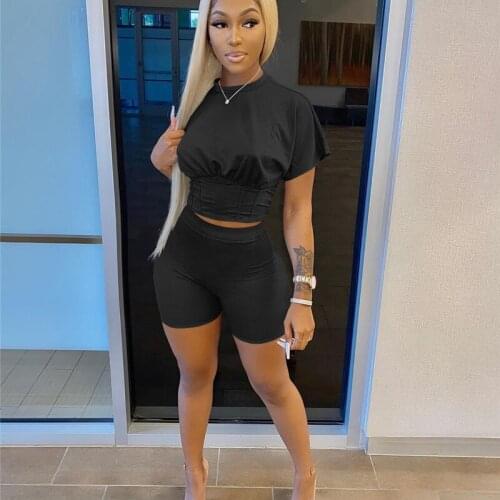 4 Colors Women Two Piece Sportswear Ladies Short Sleeves Round Neck Crop Tops+Solid Color Elastic Waist Shorts Workout Suits