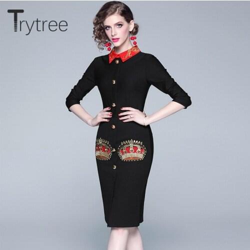 Trytree Autumn Women Casual Dress Turn-down Collar Embroidery Zipper Elegant Black A-line Fashion Office Lady Knee-Length Dress