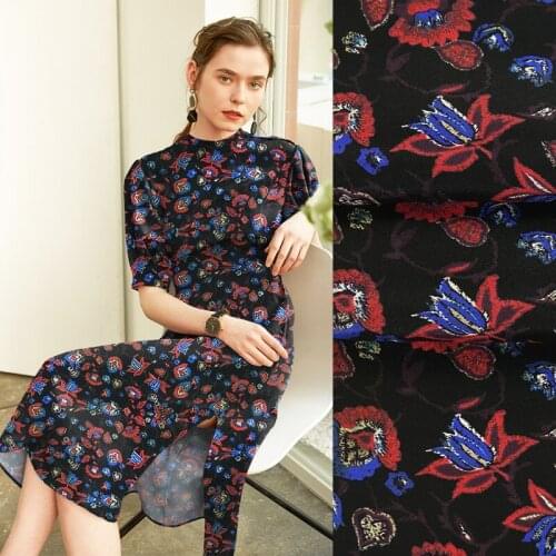 108CM 28MM Blue Red Floral Print Stretch Heavy Silk Crepe Fabric for Summer Dress Blouse Skirt Shirt Pants Scarf JH079
