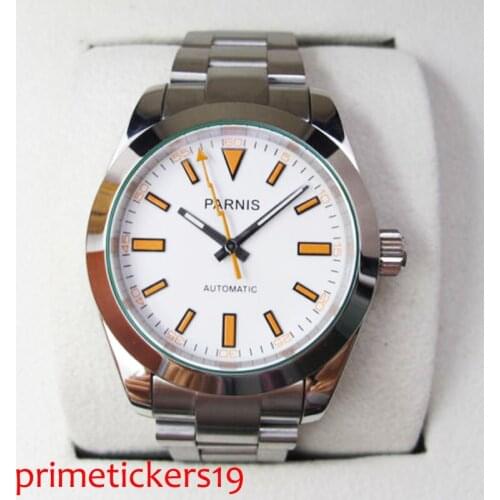 40mm PARNIS white dial mens watch sapphire glass automatic movement mental strap bracelet clasp PA201
